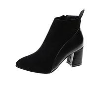 Women Ankle Boot Suede Patchwork Pointed Toe Chunky Block Heel Chelsea Boot