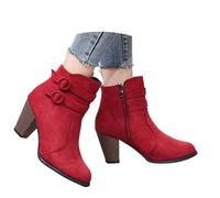 Women Ankle Boots 2026 for Double Buckle Side Zipper Pointed Toe Square Chunky High-Heeled Short Booties Solid Retro Shoes (Red, 7.5)