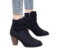 Women Ankle Boots 2026 for Double Buckle Side Zipper Pointed Toe Square Chunky High-Heeled Short Booties Solid Retro Shoes (Black, 7.5)