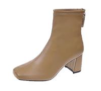 Women Ankle Boots Autumn and Winter Solid Color Fashion Comfortable Square Toe Square Heel Back Zipper Mens Leather Boots (Khaki, 4.5)