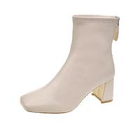 Women Ankle Boots Autumn and Winter Solid Color Fashion Comfortable Square Toe Square Heel Back Zipper Open Toe Leather Boot (Beige, 6.5)
