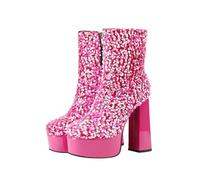 Women Ankle Boots Round Toe Chunky Block Heel Bling Sparkly Booties Mid-Calf Side Zipper Silver Glitter Shoes Combat Boot