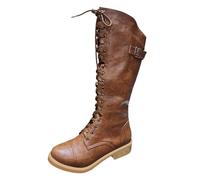 Women Ankle Boots Women Artificial Leather Embroidery Flowers Autumn Thick Sole Square Heels Lace Up Mid Booties Round Toe Shoes (Brown, 4)