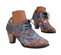 Women Ankle Boots Women's Floral Bohemian Lace Up Round Toe Block Heel Ankle Boots