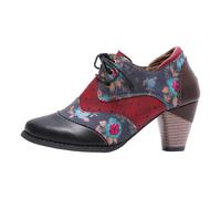 Women Ankle Boots Women's Floral Bohemian Lace Up Round Toe Block Heel Ankle Boots