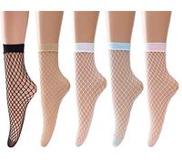 Women Ankle Fishnet Socks Elastic Hollow Out Mesh Lace Net Socks For Dress and party Wear Multi Colors 5 Pairs, 5 Pack(black,nude,white,blue,pink), One size