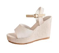 Women Ankle Strap Wedges Shoes Closed Toe Sandals Slope Heel Thick Bottom One Buckle Strap Sandals Women Thick Bottom Fashion Open Toe Outside Black Sandal Heels Womens Hiking (Beige, 7)