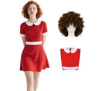 Women Annie Costume Peter Pan Collar Short Sleeve Red Party A-line Dress Halloween Little Orphan Cosplay Wig Set 3XL