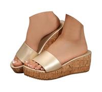 Women Arch Support Wedge Sandals Summer Wedges Women's Slide Sandals Open Toe Cork Like Platform With PU Leather Straps Comfortable Summer Shoes Tan Wedge Sandal Ladies (Gold,6.5)