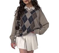 Women Argyle Knitted Plaid Sweater Vintage Preppy England Style Long Sleeve Y2K E-Girls 90s Streetwear