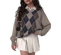 Women Argyle Plaid Sweater Pullover, Long Sleeve V-Neck Preppy E-Girl Loose Knitwear Top (Grey, S)