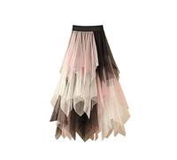Women Asymmetrical Tulle Tutu Skirt Tiered Layered Mesh Fairy Skirts Elastic Waist A-Line Midi Skirt (A-Pink Apricot Black, ONE Size)