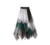 Women Asymmetrical Tulle Tutu Skirt Tiered Layered Mesh Fairy Skirts Elastic Waist A-Line Midi Skirt (A-Green White Black, ONE Size)