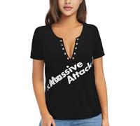 Women Attack Hop Music Band Massive T Shirt Deep V Neck tee Shirt Short Sleeve Sexy Tops Low Cut Cleavage Summer Casual Basic Button Top Tees