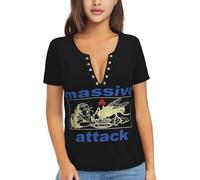 Women Attack Hop Music Band Massive T Shirt Deep V Neck tee Shirt Short Sleeve Sexy Tops Low Cut Cleavage Summer Casual Basic Button Top Tees