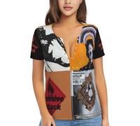 Women Attack Hop Music Band Massive T Shirt Deep V Neck tee Shirt Short Sleeve Sexy Tops Low Cut Cleavage Summer Casual Basic Button Top Tees