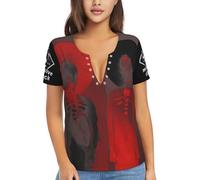 Women Attack Hop Music Band Massive T Shirt Deep V Neck tee Shirt Short Sleeve Sexy Tops Low Cut Cleavage Summer Casual Basic Button Top Tees