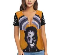 Women Attack Hop Music Band Massive T Shirt Deep V Neck tee Shirt Short Sleeve Sexy Tops Low Cut Cleavage Summer Casual Basic Button Top Tees