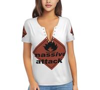 Women Attack Hop Music Band Massive T Shirt Deep V Neck tee Shirt Short Sleeve Sexy Tops Low Cut Cleavage Summer Casual Basic Button Top Tees
