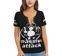 Women Attack Hop Music Band Massive T Shirt Deep V Neck tee Shirt Short Sleeve Sexy Tops Low Cut Cleavage Summer Casual Basic Button Top Tees