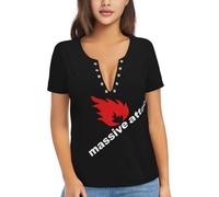 Women Attack Hop Music Band Massive T Shirt Deep V Neck tee Shirt Short Sleeve Sexy Tops Low Cut Cleavage Summer Casual Basic Button Top Tees