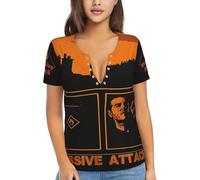 Women Attack Hop Music Band Massive T Shirt Deep V Neck tee Shirt Short Sleeve Sexy Tops Low Cut Cleavage Summer Casual Basic Button Top Tees