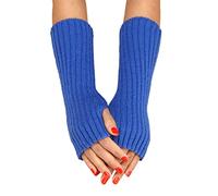 Women Autumn And Winter Solid Color Multicolor Wool Long Striped Knit Half Finger Gloves Gloves Mitten (Blue, One Size)