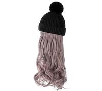 Women Autumn and Winter Wig Cap Knitted Woolen Cap Long Curly Hair Natural Full Head wig Detachable wig hat (Black Hat+Purple Ding Gold)