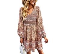 Women Autumn Long Puff Sleeve Shirred Hem Dress, Sexy V Neck Retro Floral Print Casual Stretch Tunic Dress(S-Khaki)