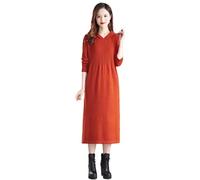 Women Autumn Winter Stylish Basics Classic Jacquard Slim Bottom Hooded Sweater Dresses Orange red M