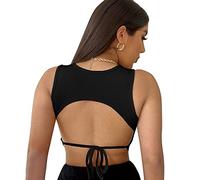 Women Backless Crop Top Sleeveless Racer Back Crew Neck T Shirt Solid Casual Tees for Club Going Out Party (Black/S)