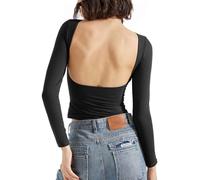 Women Backless Going Out Tops Double Lined Open Back Basic Long Sleeve(Black,L)