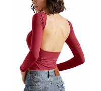 Women Backless Going Out Tops Double Lined Open Back Basic Long Sleeve(Red,S)