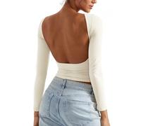 Women Backless Going Out Tops Double Lined Open Back Basic Long Sleeve(White,L)