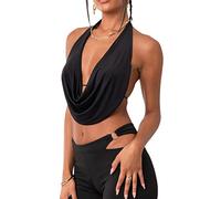 Women Backless Halter Crop Top Y2k Cowl Neck Sleeveless Ruched Camisole Tank Top Fairy Grunge Vintage Mini Vest Summer Clubwear (Black, S)