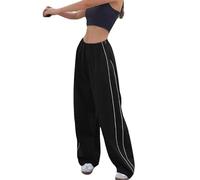 Women Baggy Cargo Trousers Elastic Waist Parachute Pants Wide Leg Casual Track Pants with Pockets Y2k Streetwear Cinch Pants Long Trousers Drawstring Side Stripe Solid Color (Color : Black, Size : M