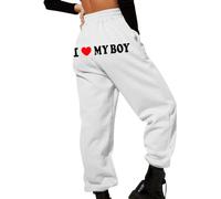 Women Baggy Joggers Sweatpants Casual Running Pants Loose Fit Valentines Trousers I Love My Boy Funny Letter Print Tracksuit Elastic High Waisted Jogging Bottoms Gym Workout Sportwear with Pocket