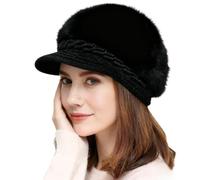Women Baker Boy Hat Peaked Berets Hat Beanies Cap Ladies Winter Thermal Furry Wool Knitted Hats Warm Wool Newsboy Cap Classic Flat Caps Christmas Birthday Gift for Women Ladies Teen Girls Black
