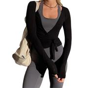 Women Ballet Wrap Top Deep V Neck Tie Front Long Sleeve Workout T Shirts Slim Fit Yoga Bandage Surplice Wrap Crop Top, Black, One Size