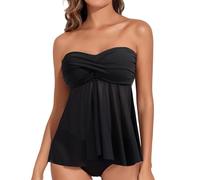 Women Bandeau Tankini Top Only Mesh Strapless Swimsuits Top Halter Flyaway Bathing Suits No Bottom(M) Black