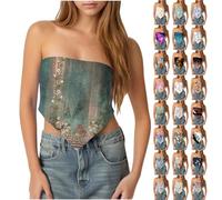 Women Bandeau Top Clearance,Women's Graphic Print Tie Back Strapless Tube Tops Backless Lace-up Floral Printed Crop Vest Spring Summer Asymmetrical Hem Beach Tank Wrap Tops Today's Deals