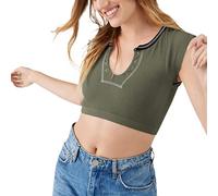 Women Basic Fitted Ribbed T-shirt Short Sleeve U Neck Contrast Color Seamless Urban Top Slim Fit Teen Dupes Y2k Baby Tees Crop Top (Army Green, S)