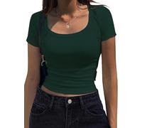 Women Basic Short Sleeve Crop Tops Slim Fitted Crew Neck Ribbed Knit T Shirt Summer Blouse Top Dark Green