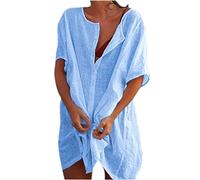 Women Beach Cover Up Shirt Long Beachwear Beach Dress with Buttons Swimsuit Bikinis Sarong Loose Blouse Oversized for Lady Womens Short Sleeve Tops Casual V-Neck Blouse Long Shirts UK Sale Clearance