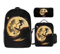 Women Beach Surfer Hawaiian Wave Surfing 3 Pieces Set Laptop Backpack Casual Daypack with Lunch Box Pencil Case for Travel