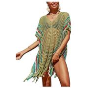 Women Beach-Swimsuit Bikini-Sexy Casual-Loose Cover-Ups - Summer V Neck Colorful Boho Tassel Bathing Suit Knitted Y2k Short Sleeve Plus Size Crochet Cover Up Swimwear Dress for UK Ladies Army Green