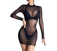 Women Beachwear Beach Dress Bikini Cover Up Long Sleeve Swimsuit Bathing Suit Sexy Shirt Mesh See Through Swimwear for Summer Holiday Clubwear Black