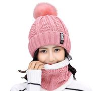 Women Beanie Hat and Neck Warmer Scarf Set 2 Pcs Womens Winter Slouch Cap with Pom Pom Thicken Fleece Lined Ski Snood Fashion Soft Elastic Sets Cold Weather Accessories for Ski Outing Pink