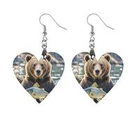 Women Bear Holding Fish Wooden Earrings Lightweight Dangle Earrings Geometric Drop Earring Vintage Heart-Shaped Retro Daily Wear Jewelry Gift for Wedding Party Graduation