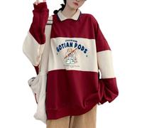 Women Bear Hoodie Kawaii Stripe Sweatshirt Light Academia Aesthetic Korea Alternative Alt Cute Shirt Collar Oversize Pullover, Red, XL